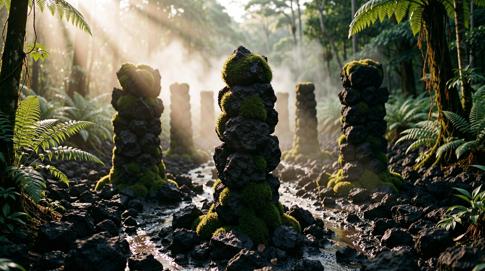 Basalt monoliths in an Indonesian jungle