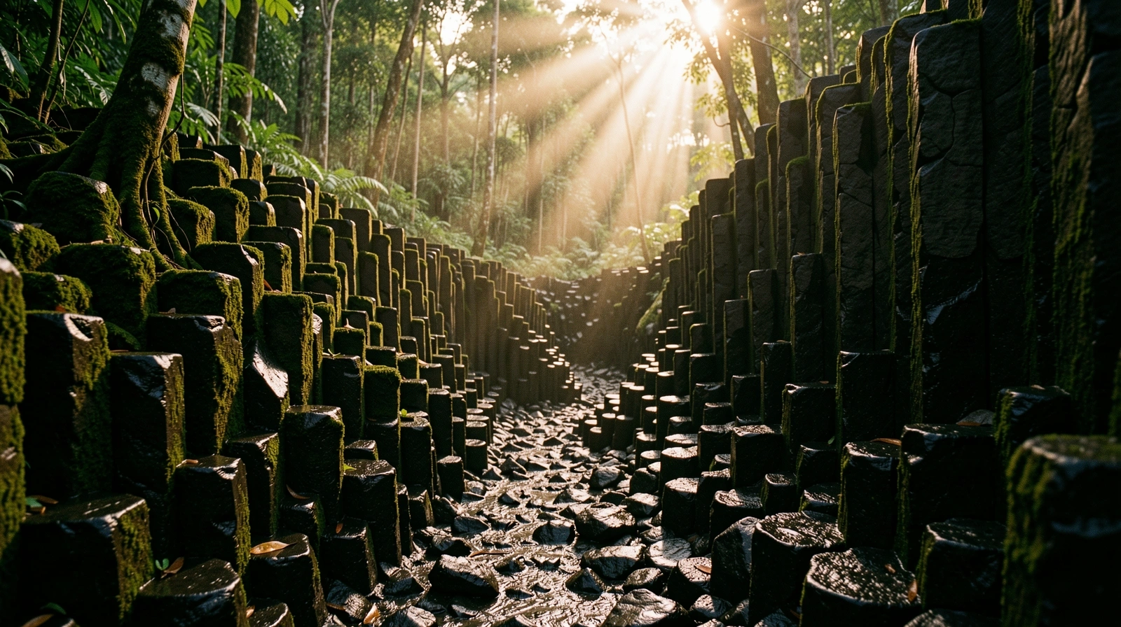 Basalt monoliths in an Indonesian jungle