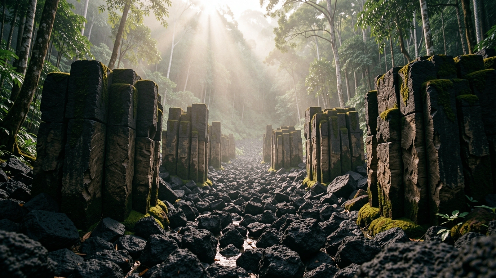 Basalt stone monoliths in an Indonesian landscape